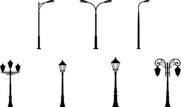 Street lamp silhouette vector set featuring modern and vintage designs with single, double, and ornate lantern posts