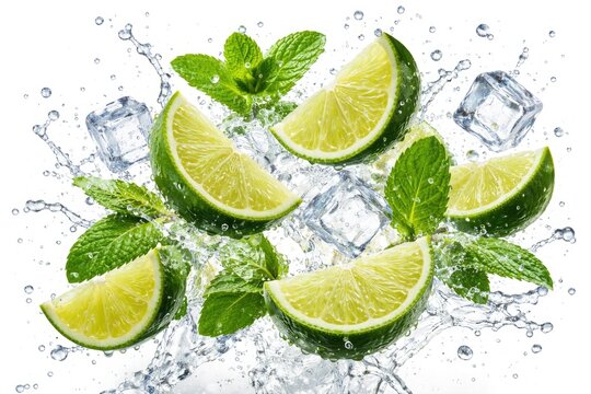Energetic splash of lime slices mint and ice on clean white background evoking summer cocktails