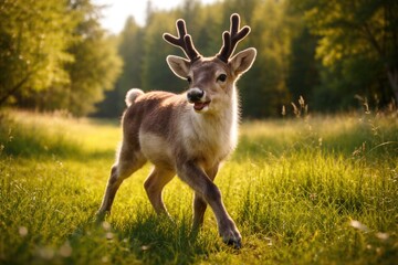 Fototapeta premium Delighted young reindeer exploring expansive grass lawn full length view summer afternoon