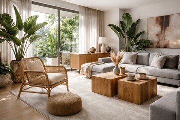 Fototapeta premium Contemporary living area in an apartment showcasing a rattan armchair, gray seating, wooden cube furniture, tropical foliage, and refined decorative pieces