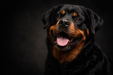 Fototapeta premium Close up image capturing a content Rottweiler pet with detailed coat on a dark background and copy space