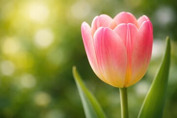 Fototapeta premium Close up of tulip flower with soft blurred greenery and space for text
