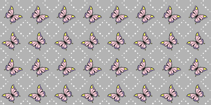 Decorative colorful butterflies and white rhombs of dots on a gray background. Endless texture with chic insect and geometric ornament. Vector seamless pattern for surface texture, printing on clothes