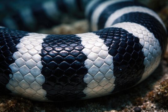 Close up image showing the scales and bands of a sea krait