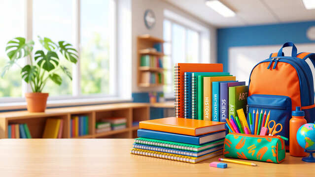 Colorful school supplies arranged on wooden desk. Back to school essentials with notebooks, backpack, pencils and globe. Classroom learning environment for education and student preparation