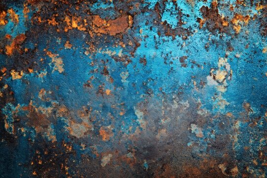 Close-up of a textured rusty metal surface with vibrant blue and orange corrosion patterns.
