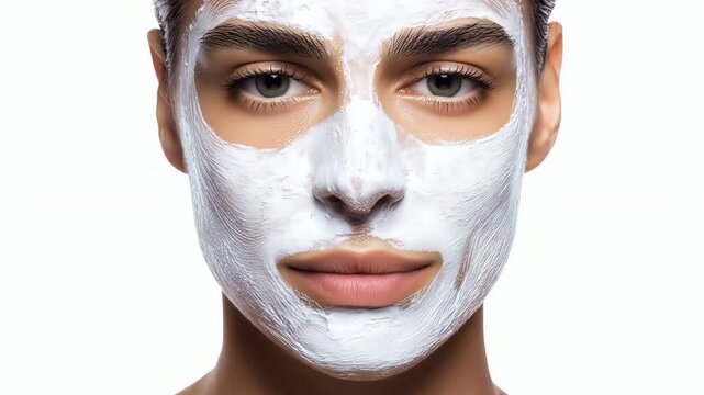 One woman relaxing with thick white cosmetic clay face mask, studio close up.