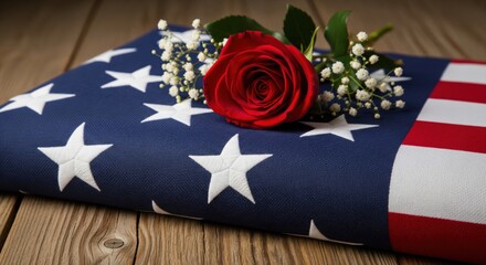 Obraz premium Close up ceremonially folded American flag on rustic wooden surface with red rose and baby's breath. Veteran remembrance and honor tribute for fallen military hero. Patriotic memorial symbol concept.