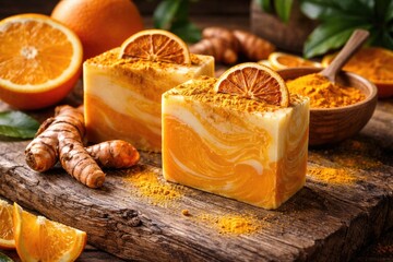 Fototapeta premium Artisan organic soap with vibrant turmeric and orange on reclaimed wood