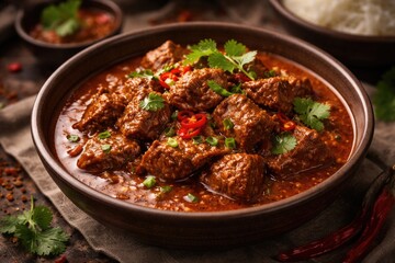 Fototapeta premium Aromatic beef curry garnished with fresh herbs in a bowl, ideal as a rich non vegetarian side
