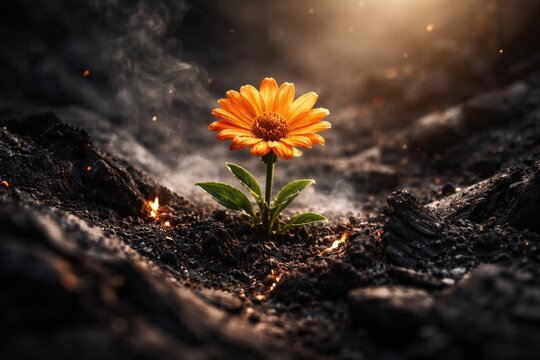 Inspiring flower overcoming ashes embodying hope and enduring beauty