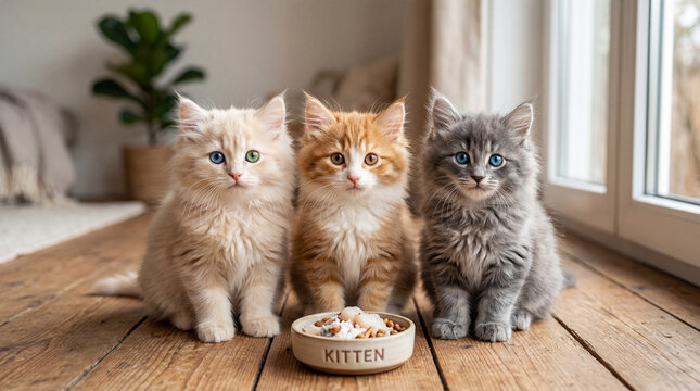 Three adorable fluffy kittens sitting side by side desktop wallpaper background.