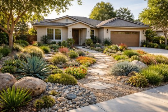 Drought resistant xeriscape front yard at suburban family house