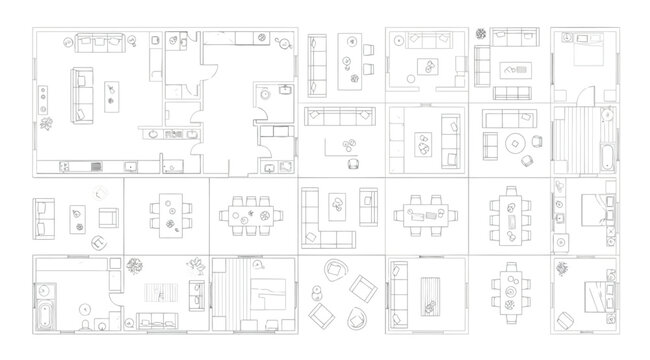 Set of various architectural floor plan furniture icons and interior design elements including sofas, tables, beds, and bathroom fixtures