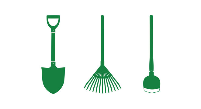 Green gardening tools, garden shovel, rake, trowel icons, vector gardening equipment