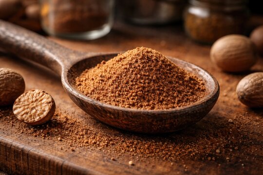 Ground nutmeg spice in an old wooden spoon on a kitchen surface
