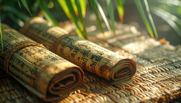 Ancient Sanskrit palm leaf manuscripts with intricate script detail tied with twine