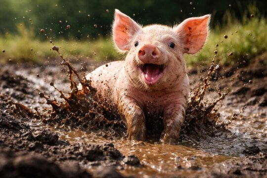 Joyful piglet splashing around in natural muddy ground