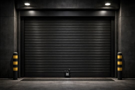 Black roller shutter door locked in place for safety