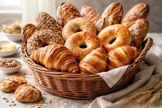 Light background showcasing basket of fresh bagels croissants and assorted bread