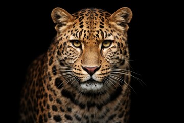 Fototapeta premium North China leopard with intense gaze isolated on solid black background