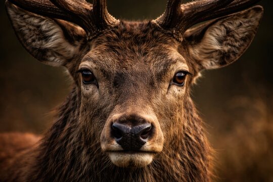 Intimate portrait showing the expressive eyes of a red deer stag