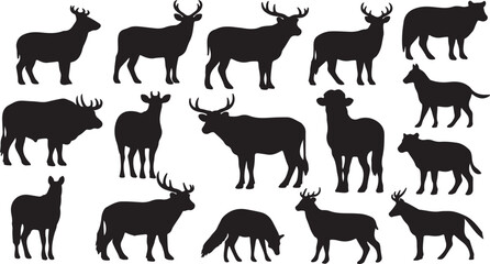 Obraz premium Deer, moose, elk silhouettes, 15 animal icons, black wildlife vector set