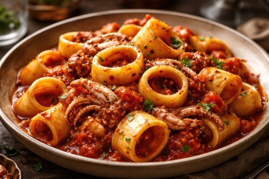 Homemade calamarata pasta with juicy squid pieces and zesty tomato sauce