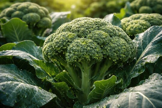 Bright organic broccoli with lush green leaves and healthy flowering heads