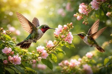 Obraz premium Delicate hummingbirds foraging on flowering branches with abundant greenery and buds in full wing spread for design prints
