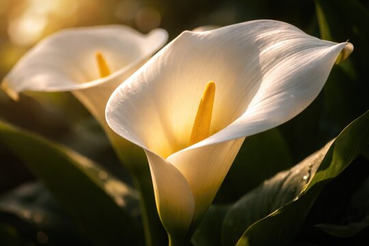 Glowing white Zantedeschia petals with striking yellow spadix basking under sunlight