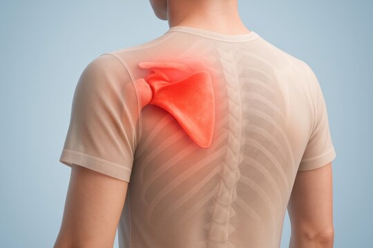 3D medical anatomical close-up back-view of shoulder and upper back showing scapular dyskinesis with outward winging and red overstressed periscapular region, clinical muscular imbalance.