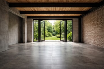 Fototapeta premium Empty contemporary loft with open door leading to garden, concrete tile floor, and wooden ceiling planks