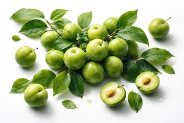 Obraz premium Green plums paired with fresh foliage laid out on bright white background for wellness designs