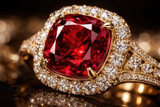 Extreme close view of a red ruby gemstone ring emphasizing its luxurious design and vivid red color