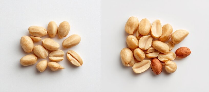 Two Piles of Shelled Peanuts on a White Background.