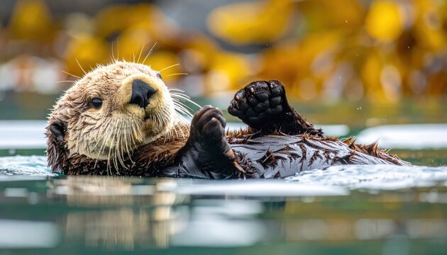 Close-up of a cute sea otter floating on its back grooming its sleek fur with delicate paws in the water