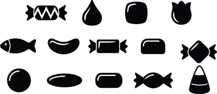Candy silhouette vector illustration set, assorted sweet icons with wrapped, bean, corn and drop shapes for confectionery design