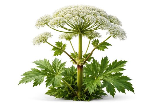 Giant hogweed showcasing its toxic white floral clusters and distinctive leaves set on a clean white background