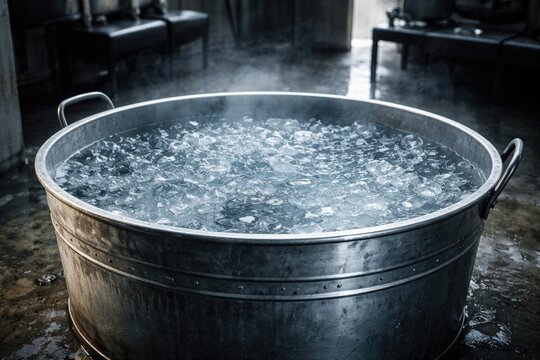 Big metallic tub holding cold icy water for recovery bath