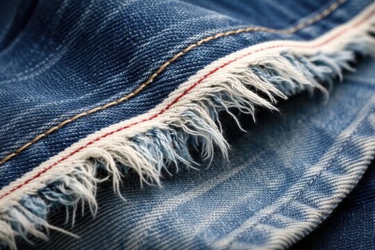 Close up of frayed edge selvage denim fabric in varied blue shades ideal for care and washing tutorials