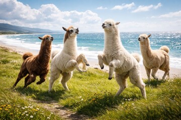 Obraz premium Group of llamas playing happily on a breezy grassy shore