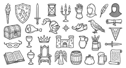 Fototapeta premium Medieval fantasy set knight sword shield helmet castle crown doodle