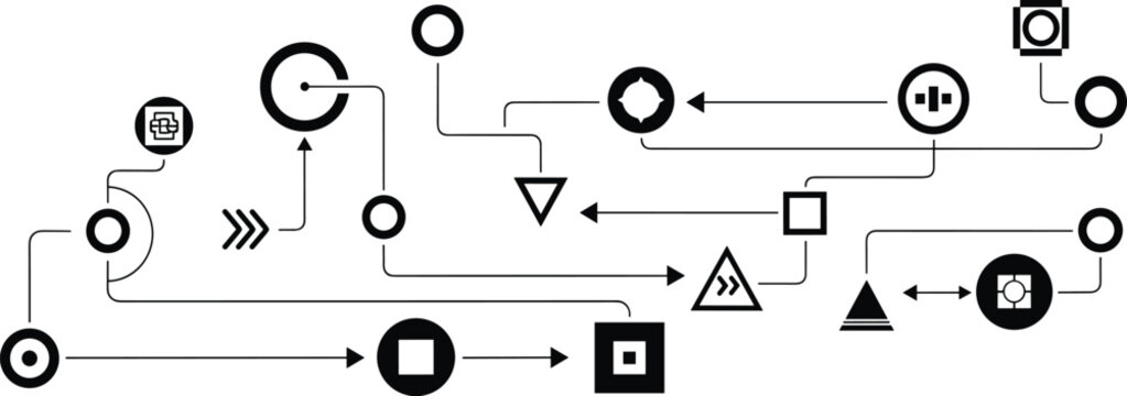 Abstract black and white diagram a complex network of shapes and lines illustrating connections