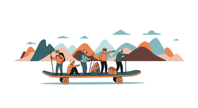 People on a skateboard with luggage.