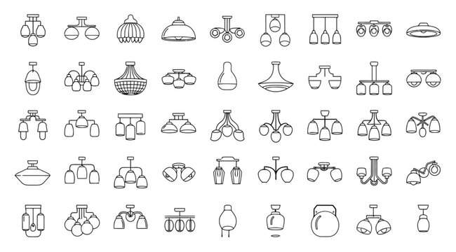 Collection of various ceiling light fixtures and chandeliers, line art icons
