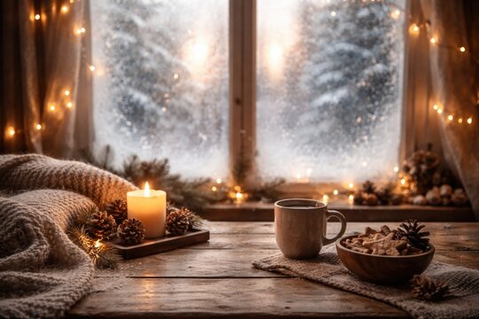 Blurred frosty window and soft focus cozy table creating atmospheric winter interior for product display backdrops