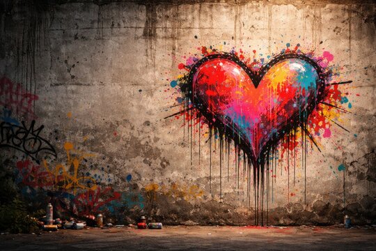 Creative heart graffiti artwork on aged concrete wall with generous copy space