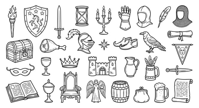 Medieval fantasy set knight sword shield helmet castle crown doodle