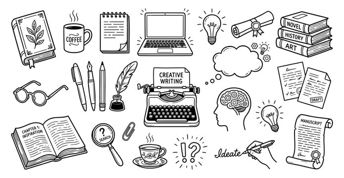 Writing storytelling doodle set typewriter laptop book notebook pen